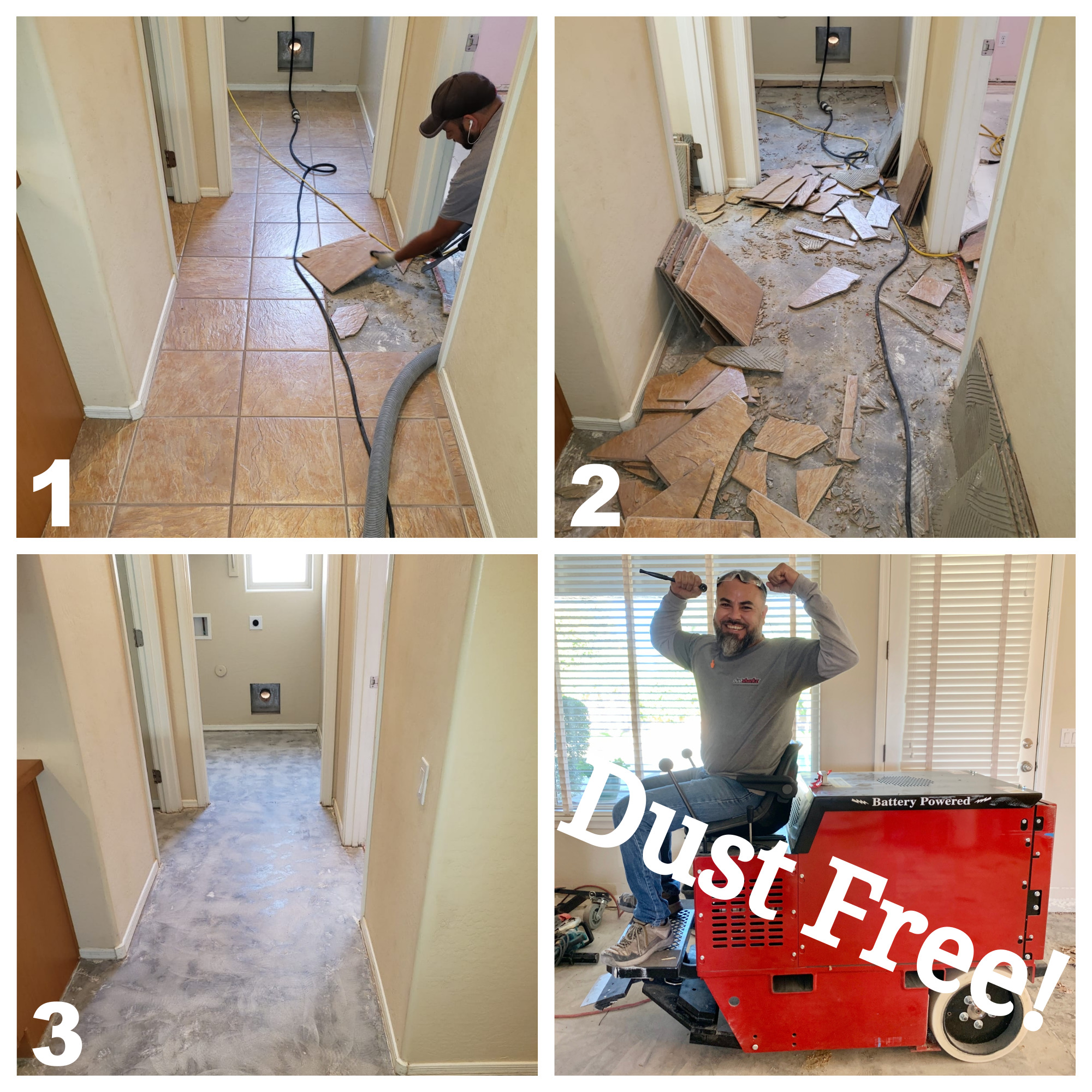 A before after picture of a dust free tile removal job in Gilbert Arizona.